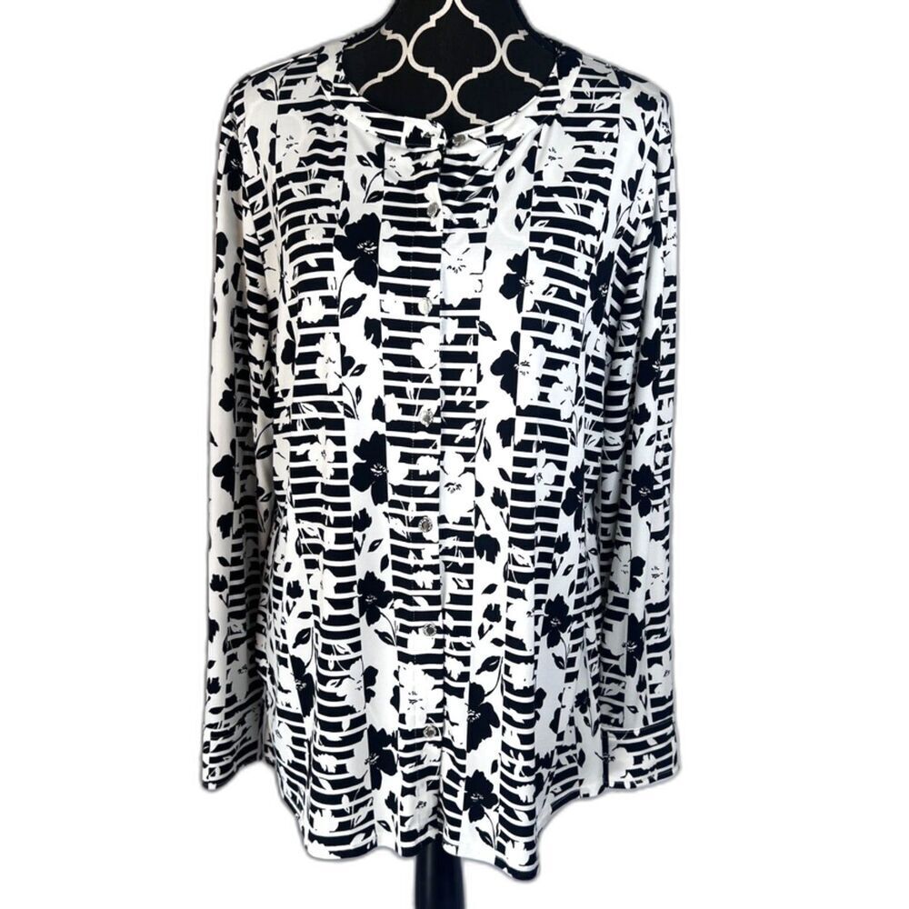 Dana Buchman Bold Geometirc Print Button Front Jersey Blouse Size XL